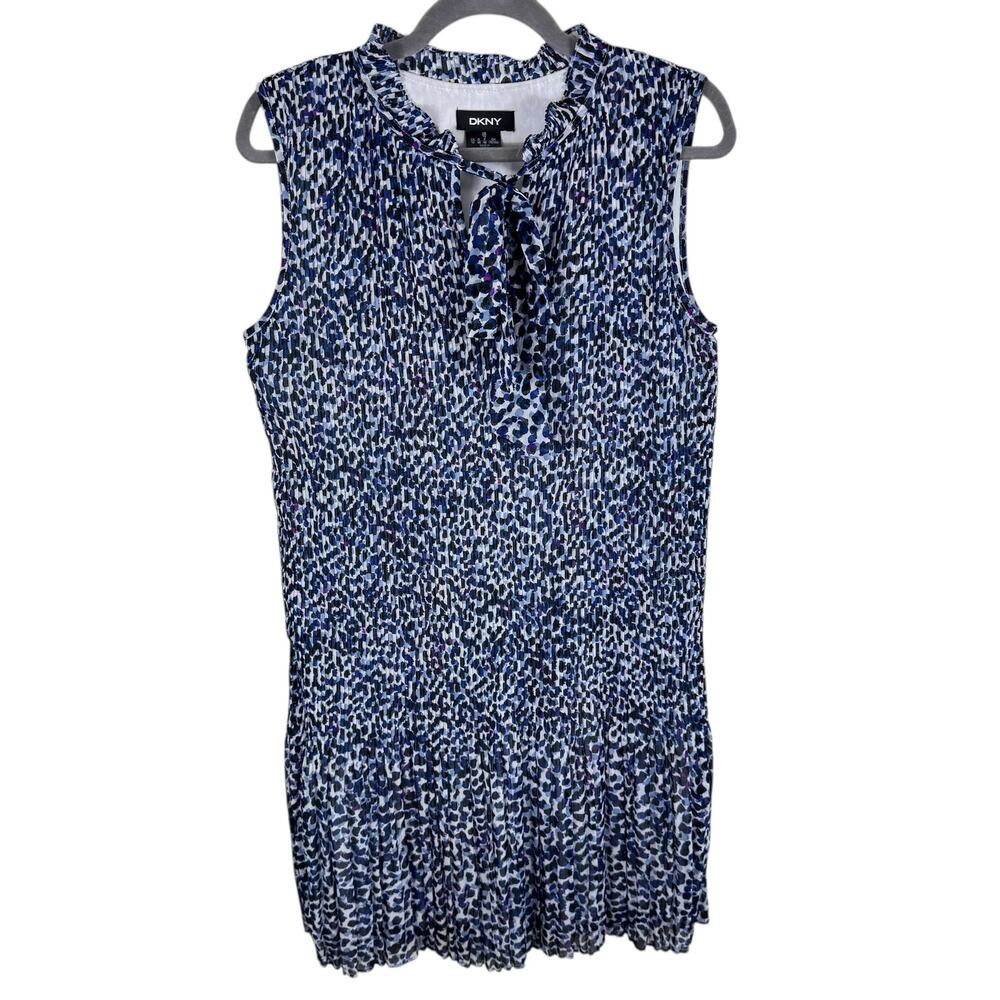 DKNY Blue Black Speckled Accordion Pleated Neck Tie Sleeveless Shift Dress Sz 10